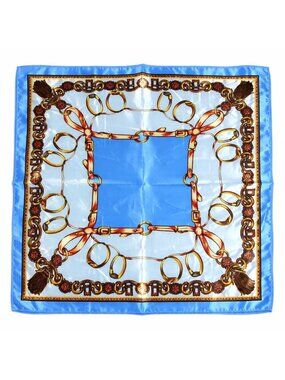 Blue Gold Chain Print Satin Square Scarf 20x20 Hair Neck Head Wrap